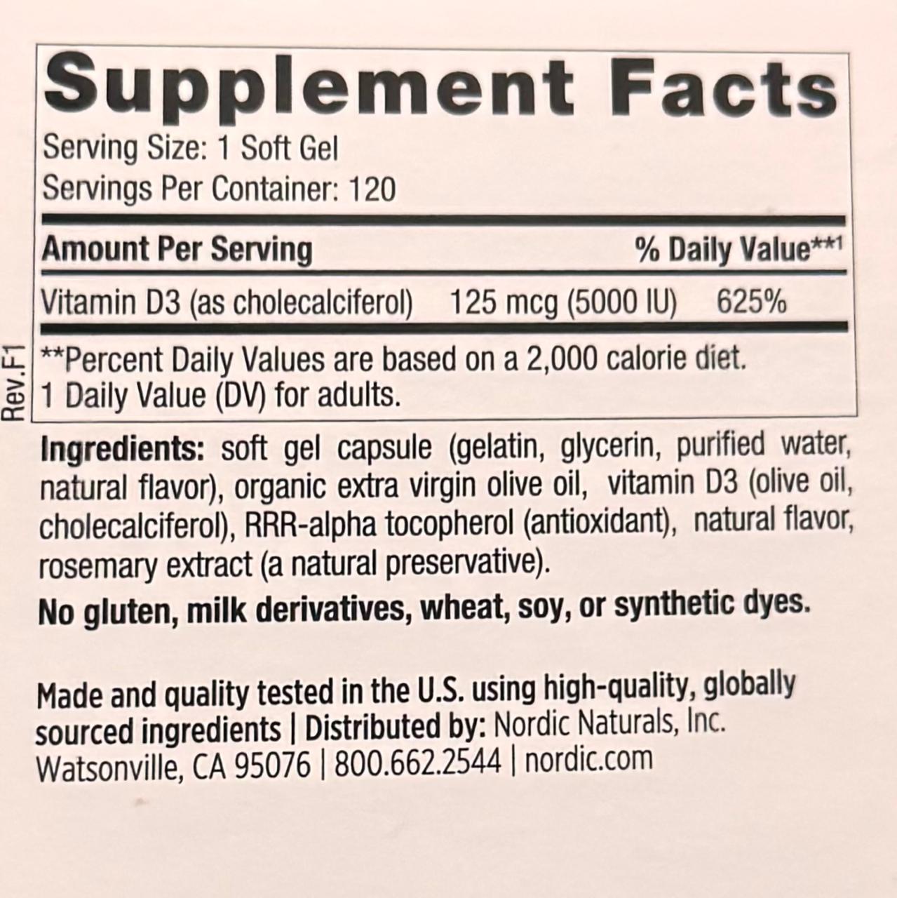 Vitamin D3 5000 IU - Capsulas Soft Gels - Salud Ósea e Inmunológica - Nordic Naturals