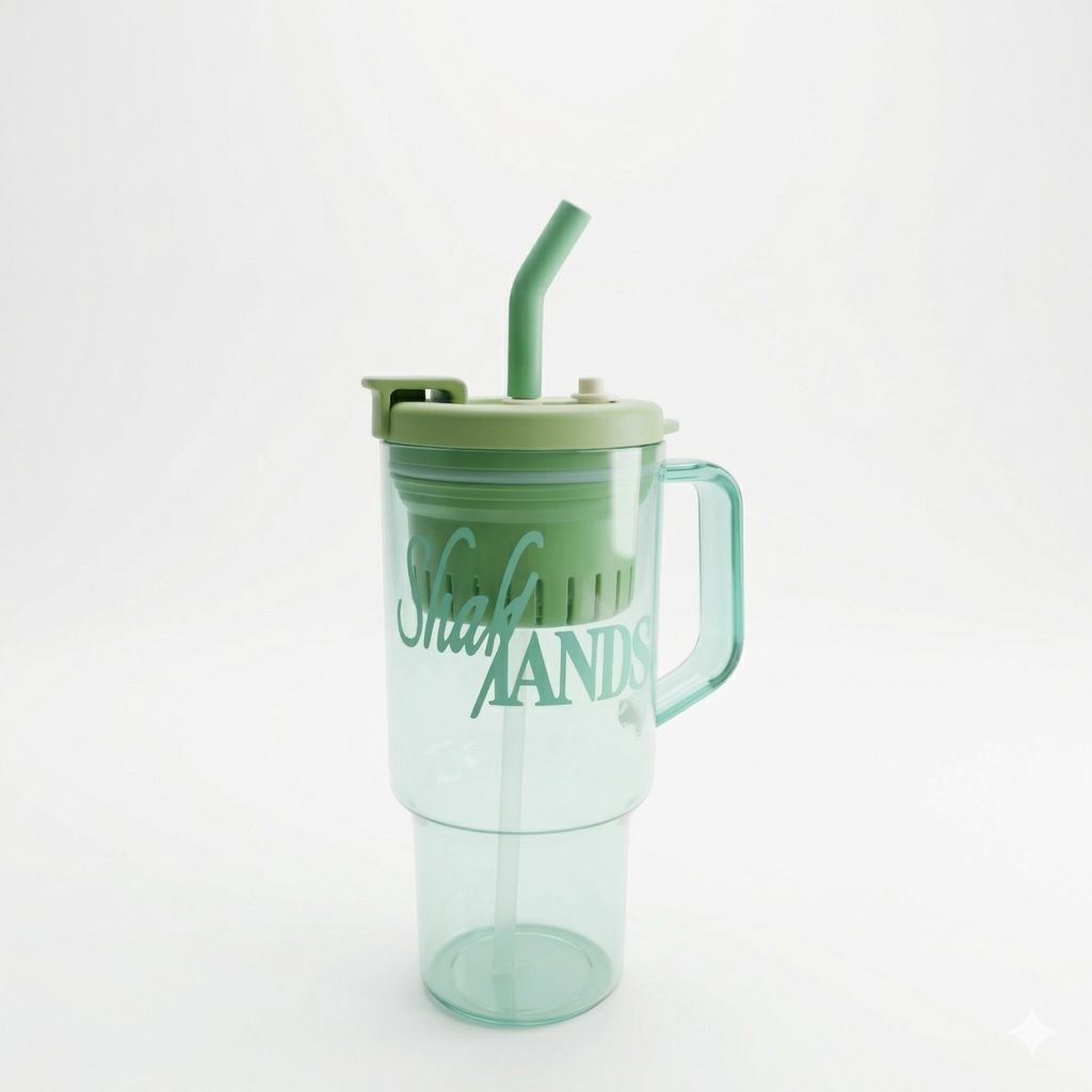 Termo plástico verde con popote 120ml