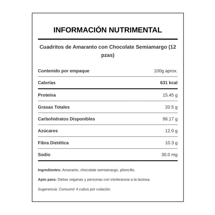 Cuadritos de Amaranto con Chocolate Semiamargo (Sin Lácteos) – 12 pzas