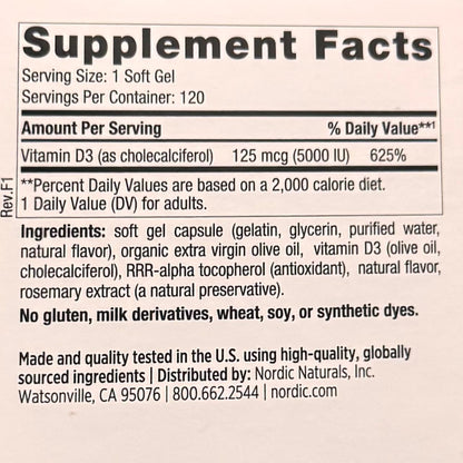 Vitamin D3 5000 IU - Capsulas Soft Gels - Salud Ósea e Inmunológica - Nordic Naturals