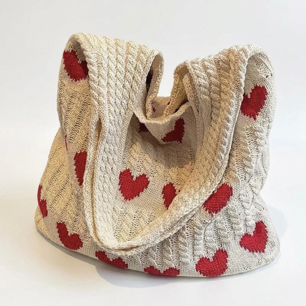Tote bag tejida con diseño de corazones