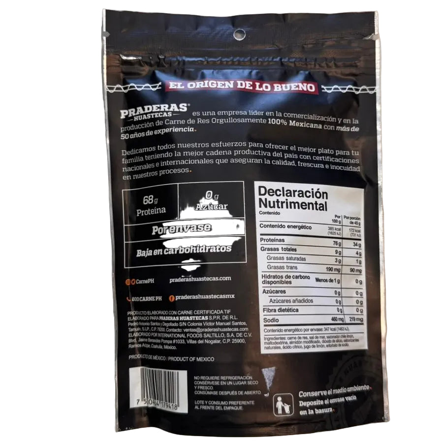 Carne seca snack chile limón | Alta proteína y bajo en carbohidratos
Praderas Huastecas