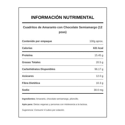 Cuadritos de Amaranto con Chocolate Semiamargo (Sin Lácteos) – 12 pzas