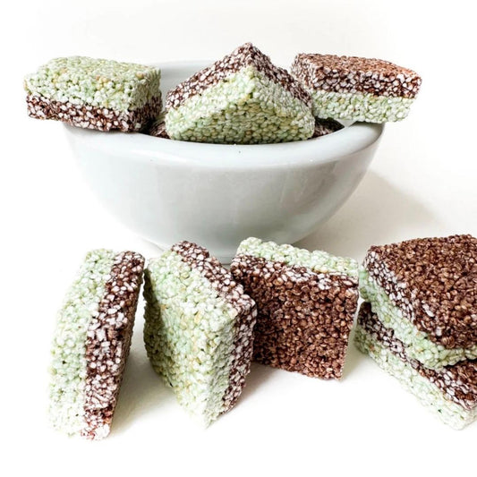Cuadritos de Amaranto con Chocolate Semiamargo y Menta (Sin Lácteos) - 12 pzas