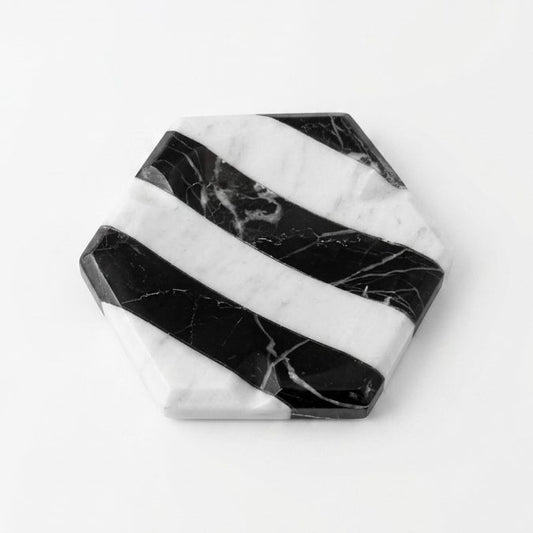 Cenicero Hexagonal de Mármol Blanco y Negro - Bandeja decorativa Estilo Minimalista
