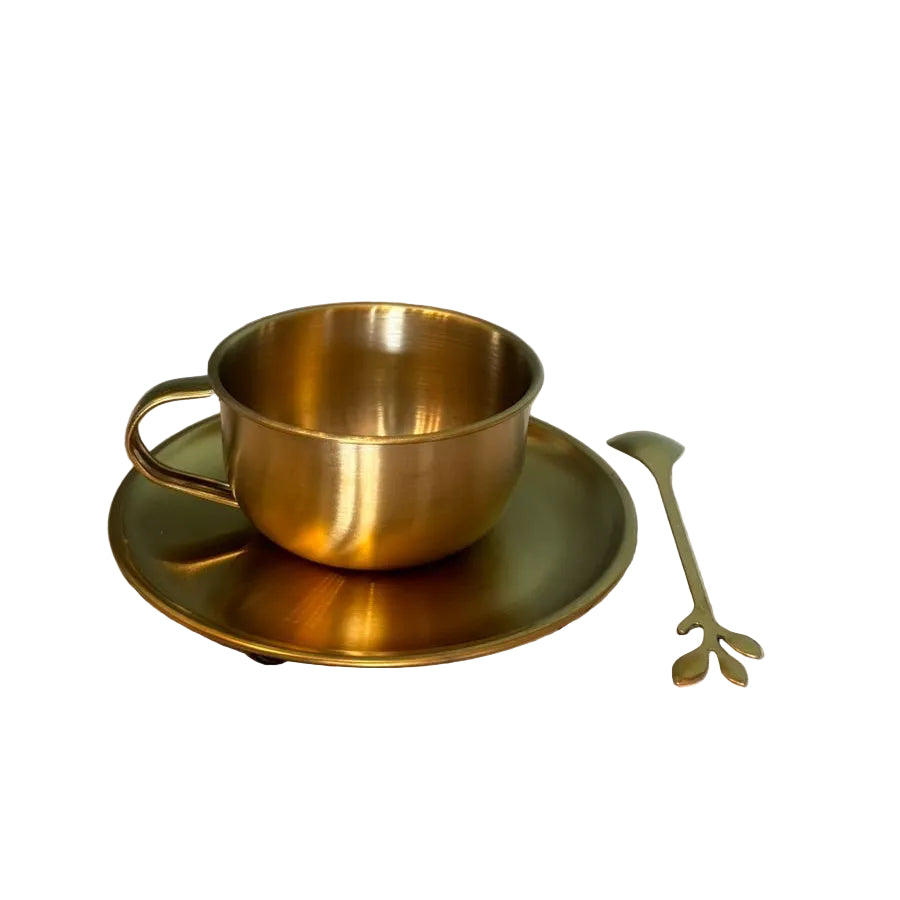 Juego de Taza de Café Vintage con Platillo y Cuchara de Hoja – Acabado Dorado Satinado