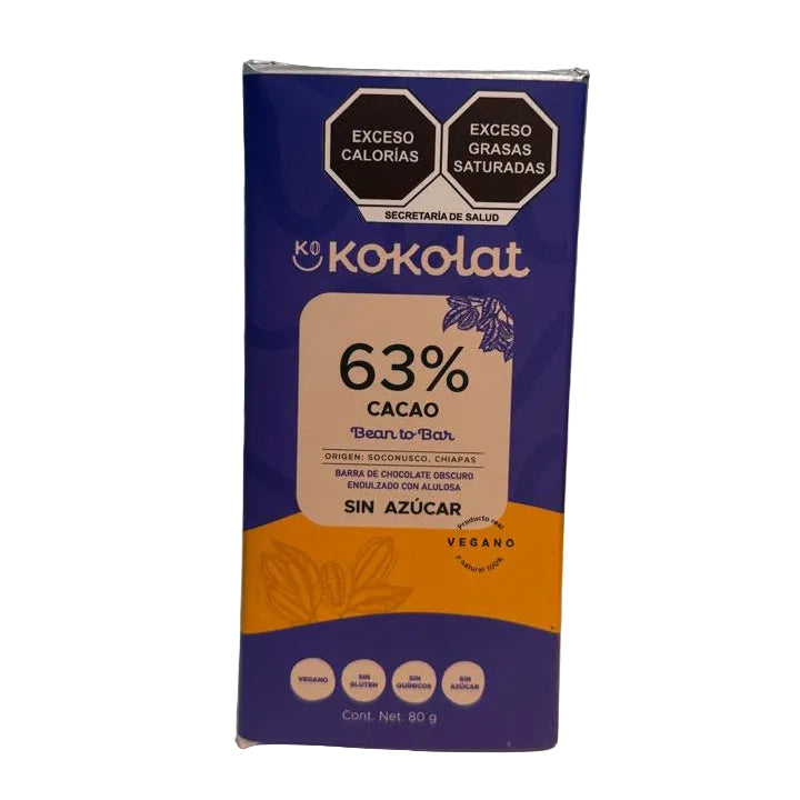 Chocolate Oscuro 63% Cacao Sin Azúcar con Alulosa - Kokolat (Bean to Bar)