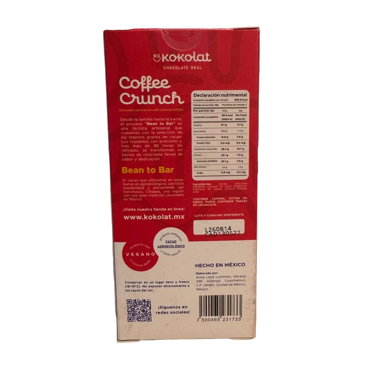 Chocolate Coffee Crunch - con Café y Quinoa- Kokolat (Bean to Bar)